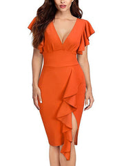 Casual Short Sleeves Cascading Ruffles V-Neck Slim Fit Sheath Bodycon Dresses