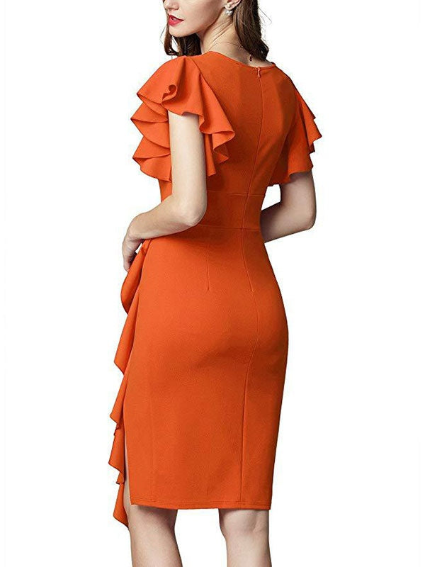 Casual Short Sleeves Cascading Ruffles V-Neck Slim Fit Sheath Bodycon Dresses