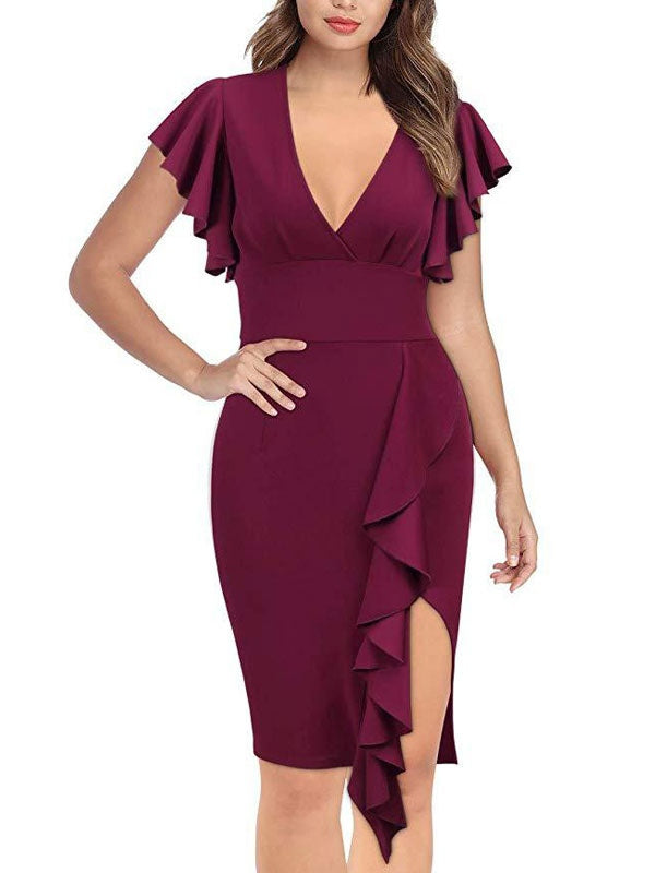 Casual Short Sleeves Cascading Ruffles V-Neck Slim Fit Sheath Bodycon Dresses