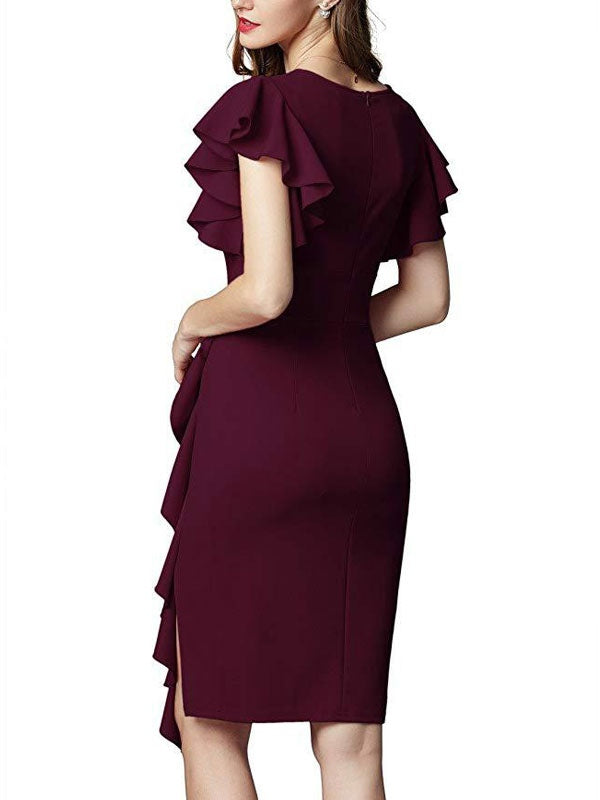 Casual Short Sleeves Cascading Ruffles V-Neck Slim Fit Sheath Bodycon Dresses