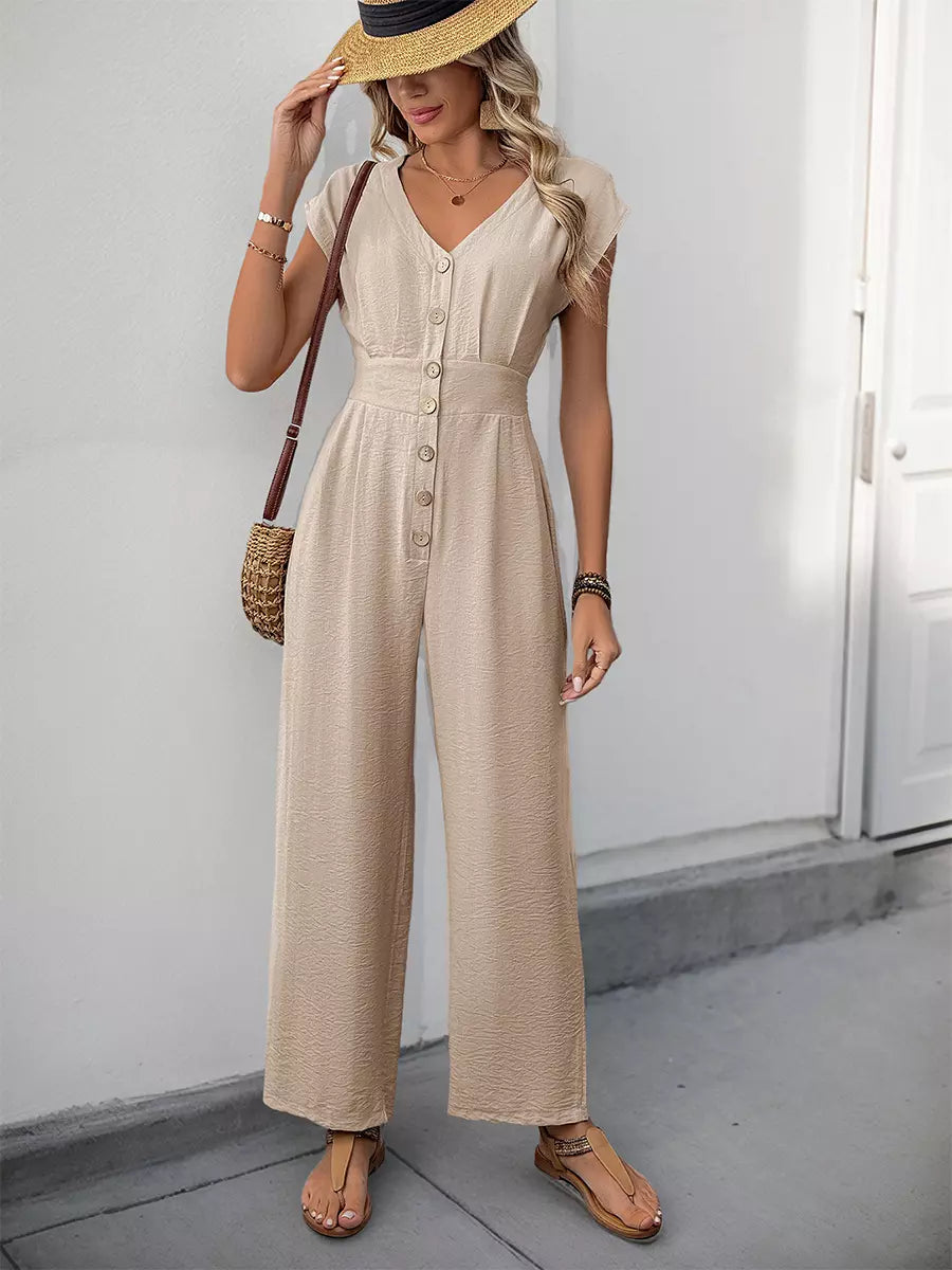 Casual Short Sleeves With Button-Down Front V-Neck Straight Jumpsuit