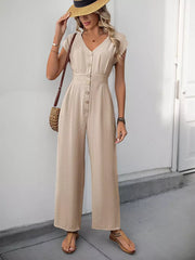 Casual Short Sleeves With Button-Down Front V-Neck Straight Jumpsuit