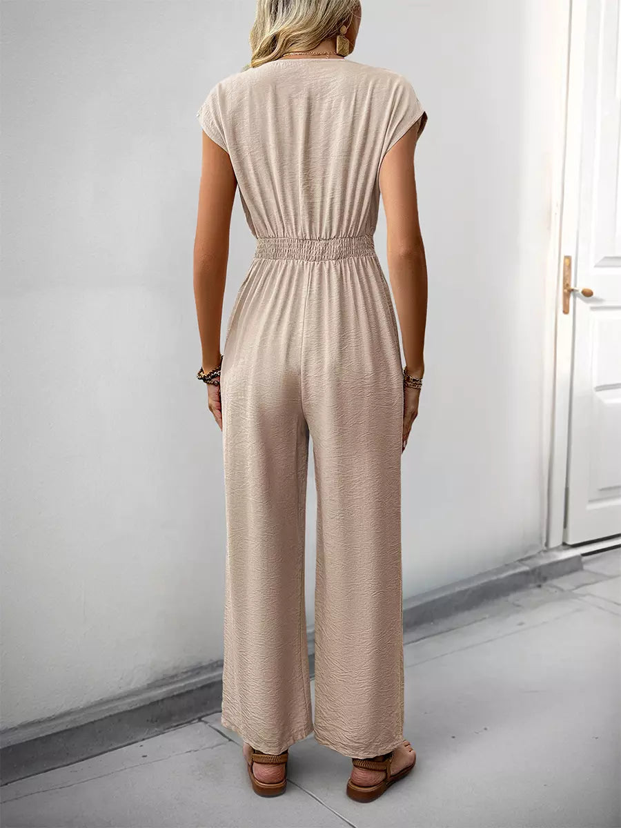 Casual Short Sleeves With Button-Down Front V-Neck Straight Jumpsuit