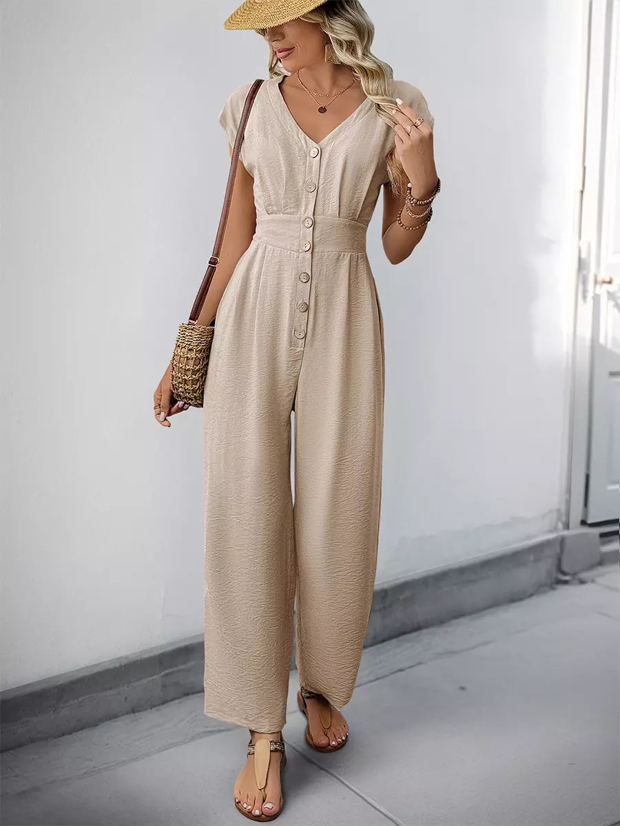 Casual Short Sleeves With Button-Down Front V-Neck Straight Jumpsuit