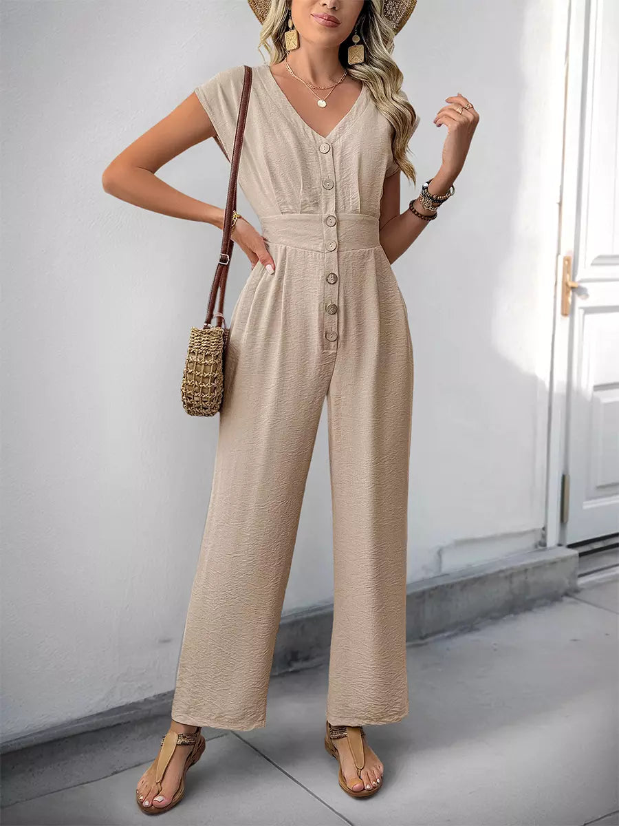 Casual Short Sleeves With Button-Down Front V-Neck Straight Jumpsuit