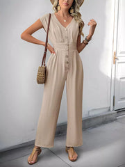 Casual Short Sleeves With Button-Down Front V-Neck Straight Jumpsuit