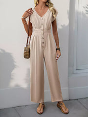 Casual Short Sleeves With Button-Down Front V-Neck Straight Jumpsuit