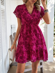 Casual Short sleeved floral elastic Bohemian print beach Dress