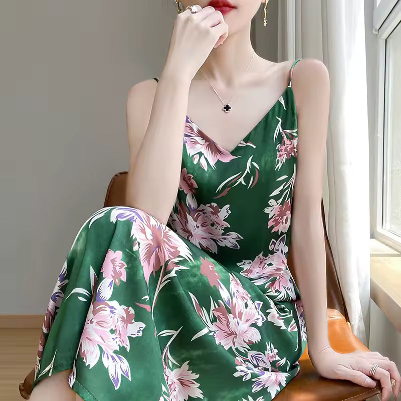 Casual Printed Silk Spaghetti Strap Suspender Loose Long Slip Dress