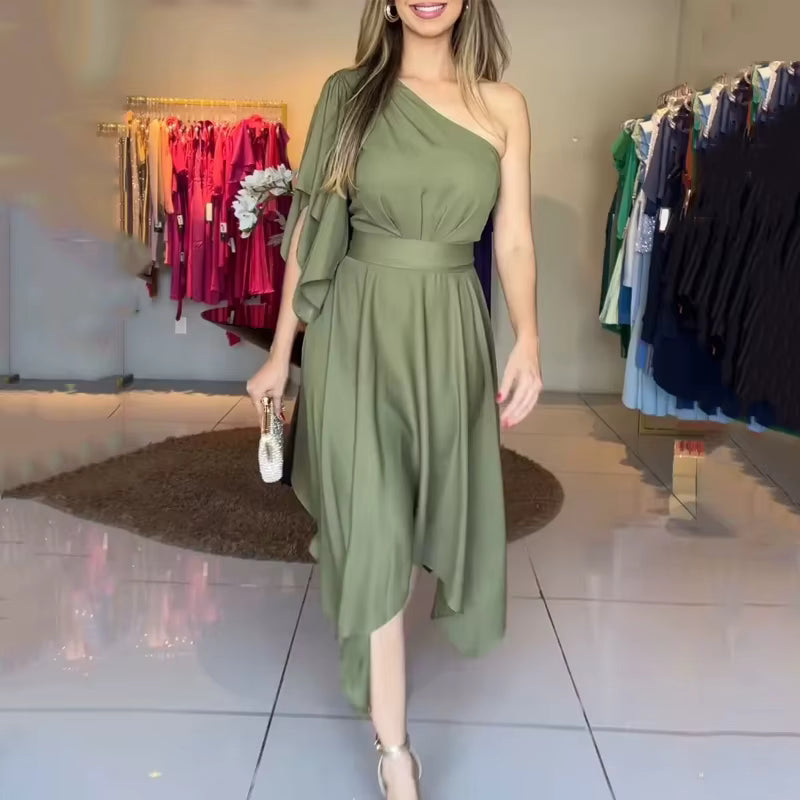 Casual Simple Solid One Shoulder Nipped Waist Irregular Lace Up Midi Dress