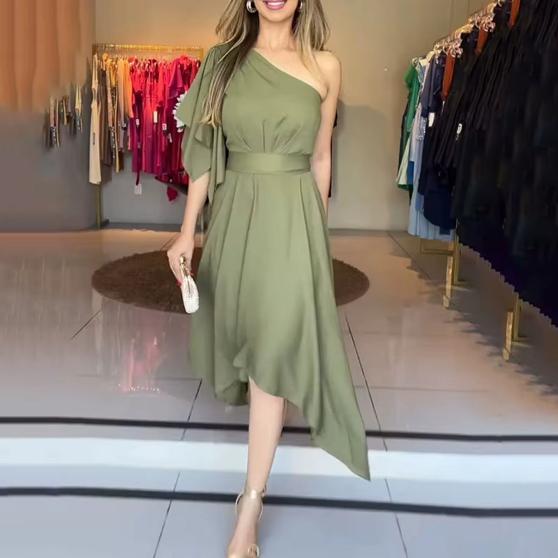 Casual Simple Solid One Shoulder Nipped Waist Irregular Lace Up Midi Dress