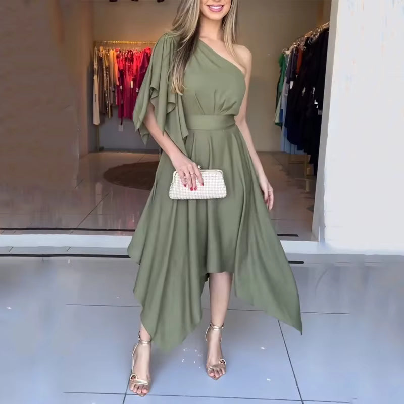 Casual Simple Solid One Shoulder Nipped Waist Irregular Lace Up Midi Dress