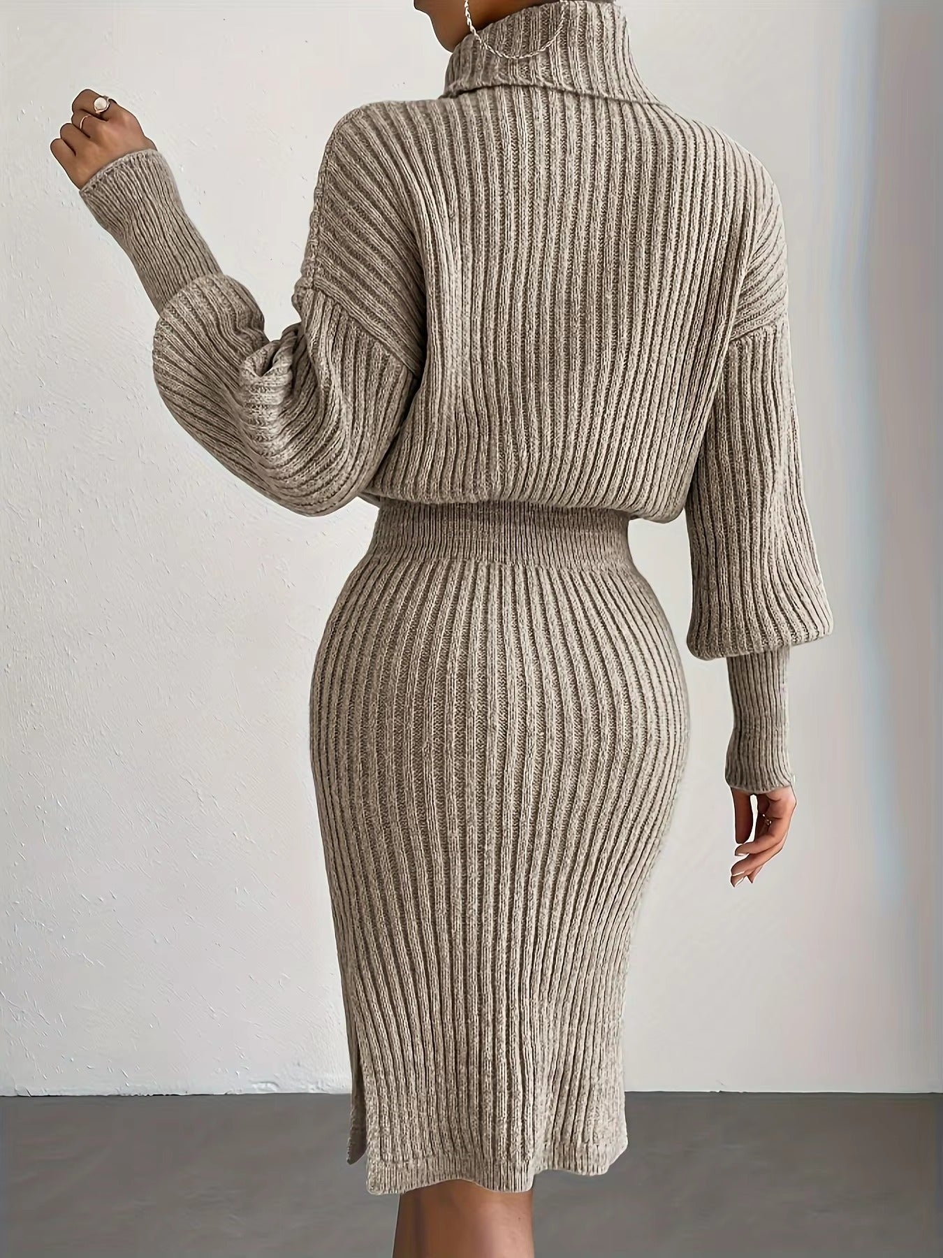 Casual Simple Turtleneck Knitted Slight Stretch Pullover Dress