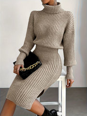 Casual Simple Turtleneck Knitted Slight Stretch Pullover Dress