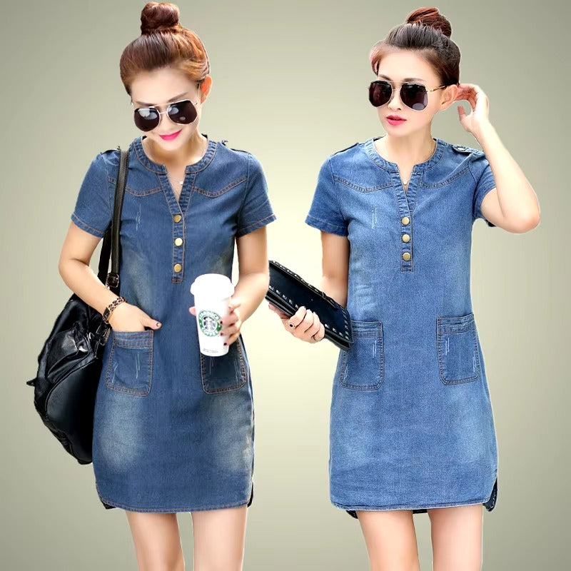 Casual Single Breasted Denim Pockets Slight Stretch Mini Dress
