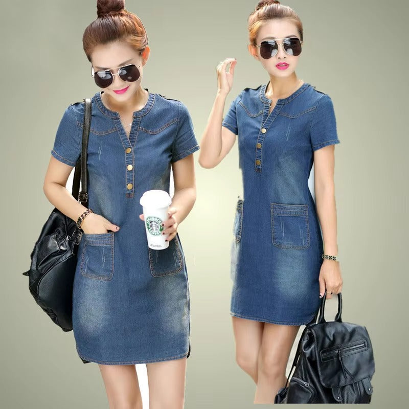 Casual Single Breasted Denim Pockets Slight Stretch Mini Dress