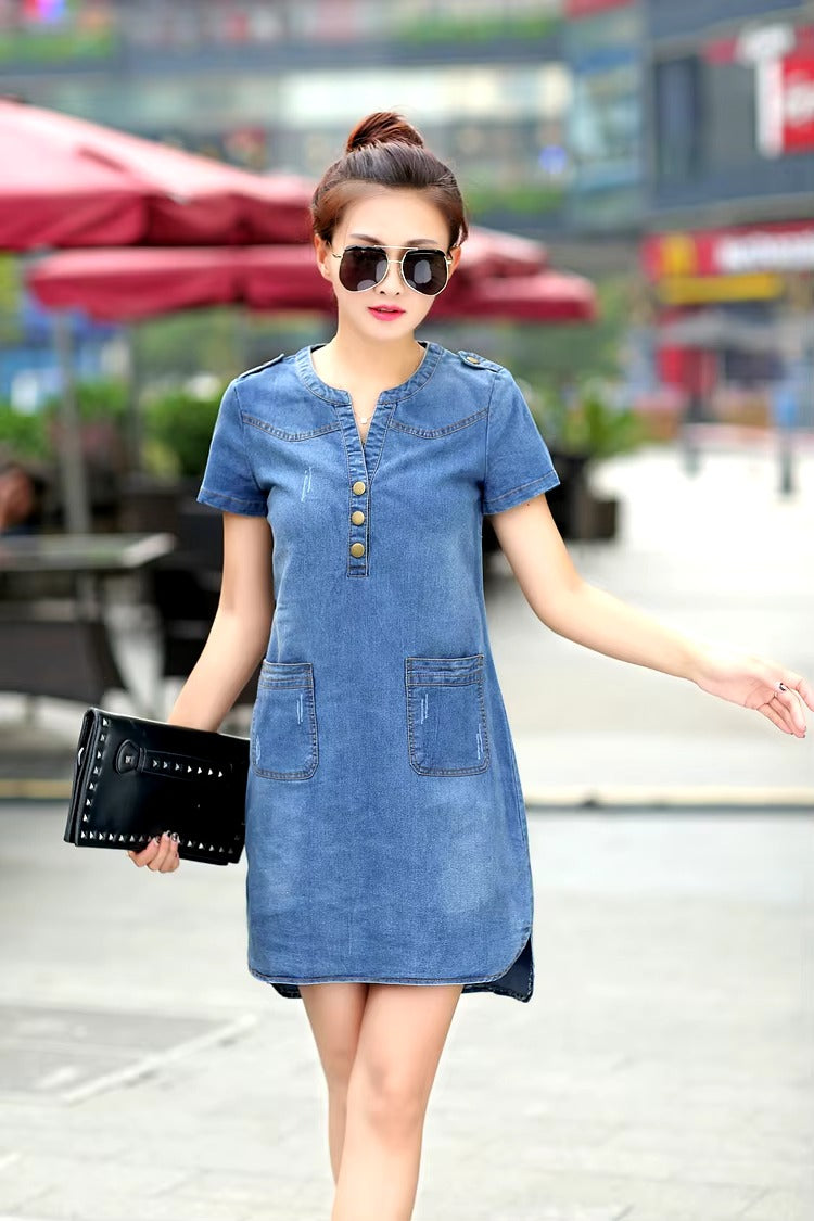 Casual Single Breasted Denim Pockets Slight Stretch Mini Dress