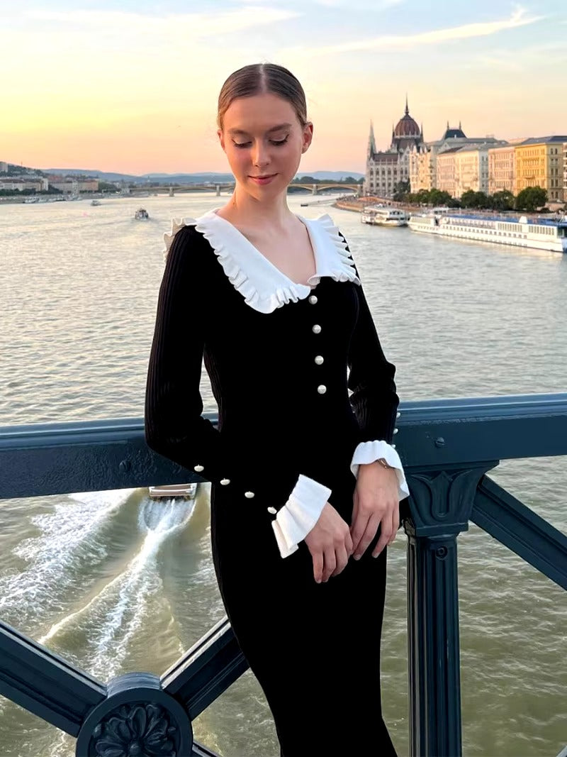 Casual Single Breasted Ruffled Knitted Slim Midi Dress
