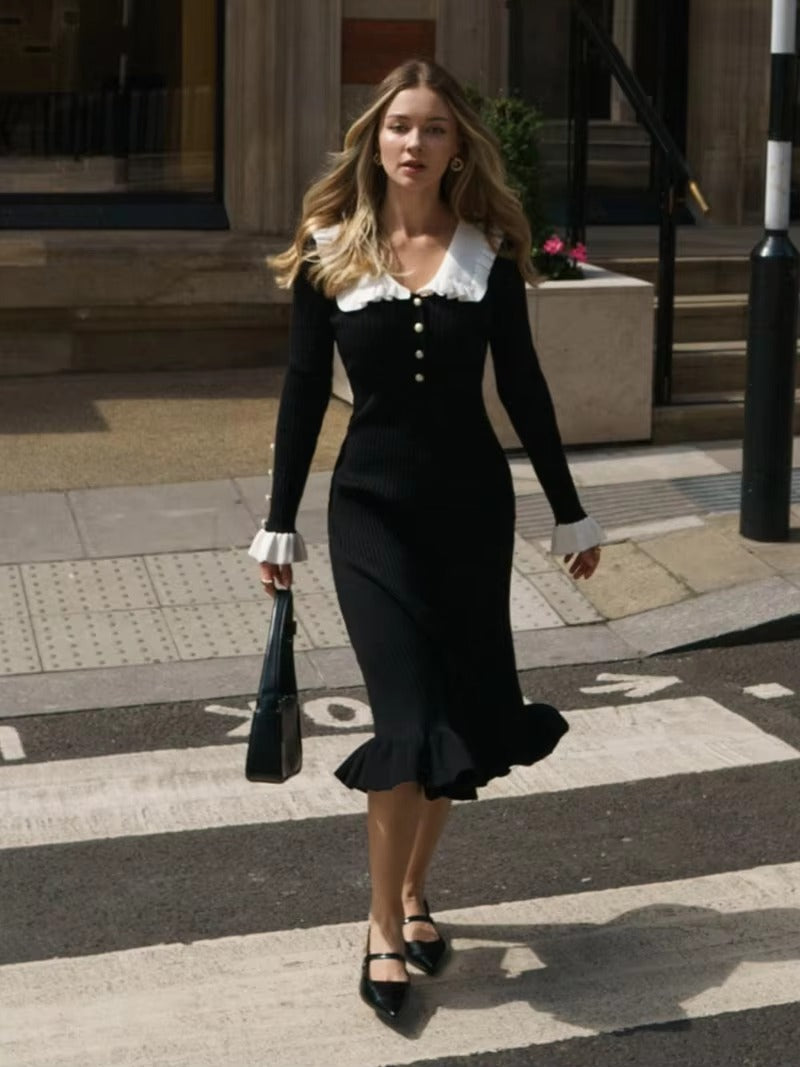 Casual Single Breasted Ruffled Knitted Slim Midi Dress