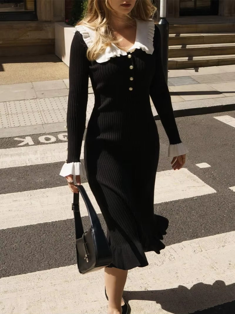 Casual Single Breasted Ruffled Knitted Slim Midi Dress