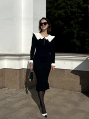 Casual Single Breasted Ruffled Knitted Slim Midi Dress