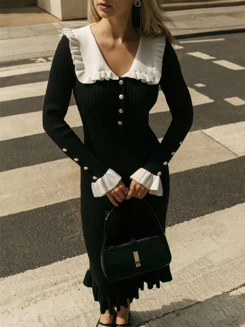 Casual Single Breasted Ruffled Knitted Slim Midi Dress
