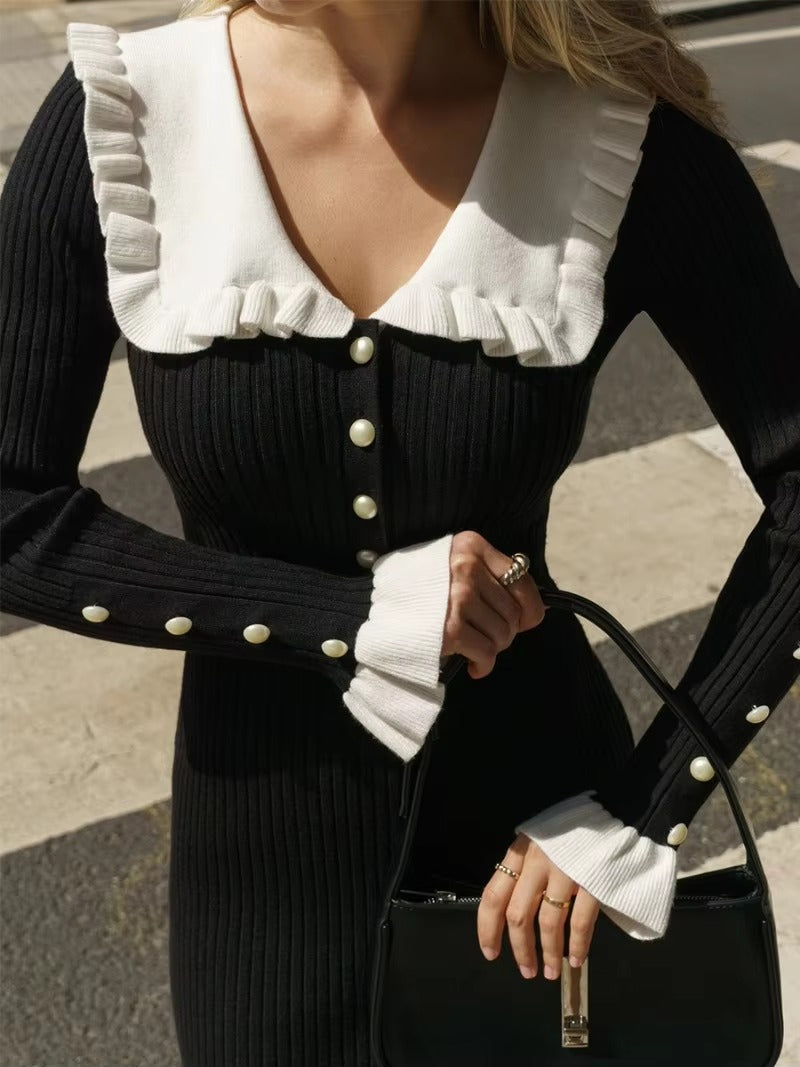Casual Single Breasted Ruffled Knitted Slim Midi Dress
