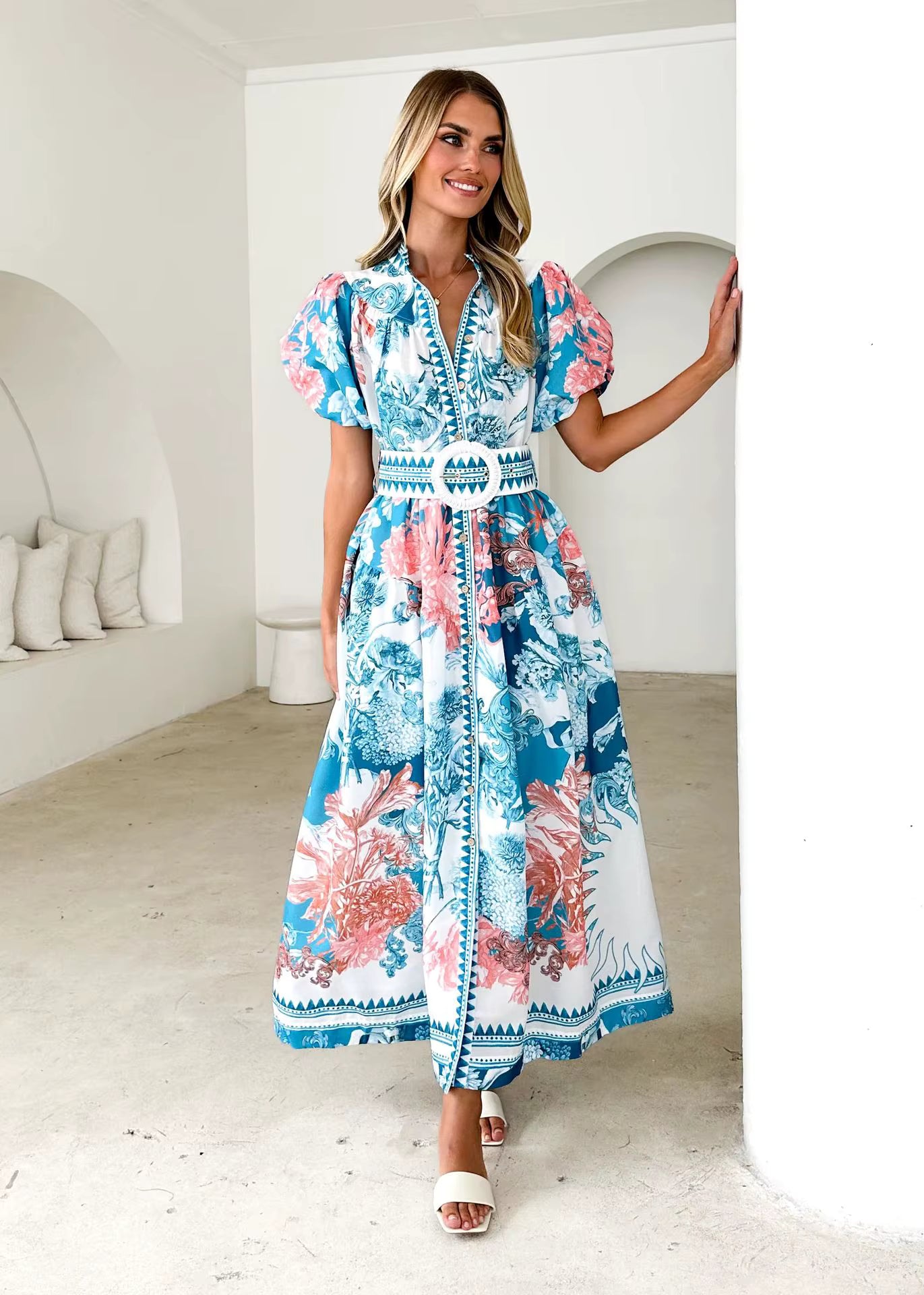 Casual Single Breasted Short Sleeve High Waist Printed Loose Maxi Dress