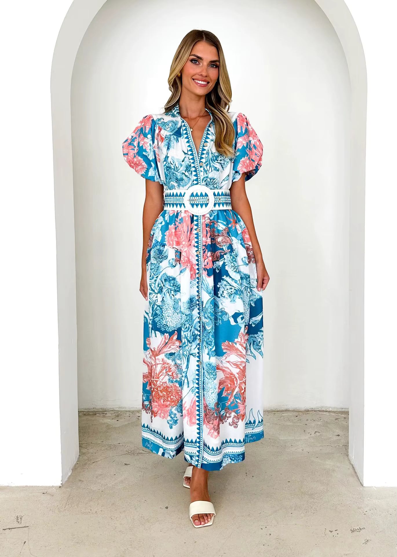Casual Single Breasted Short Sleeve High Waist Printed Loose Maxi Dress