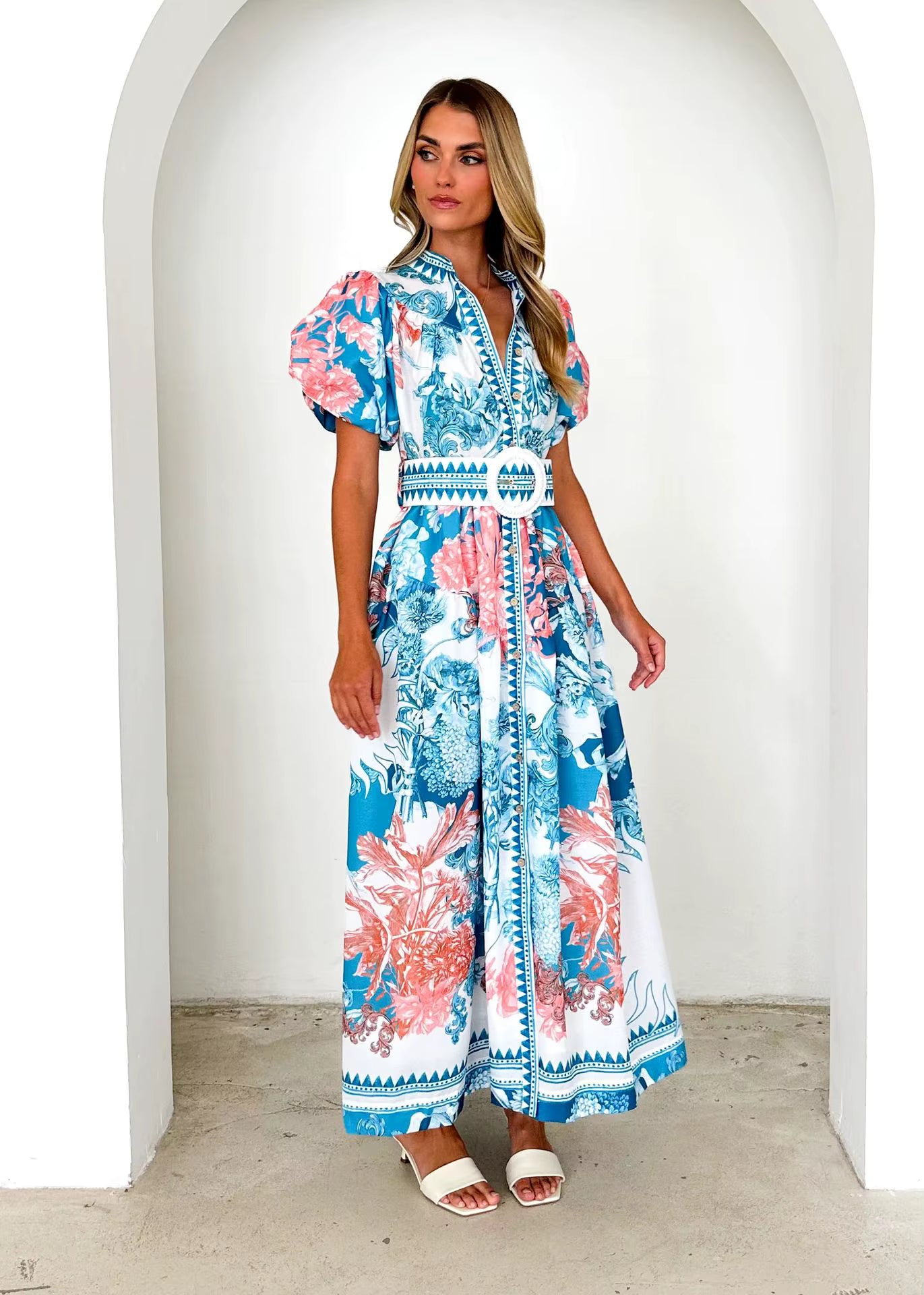 Casual Single Breasted Short Sleeve High Waist Printed Loose Maxi Dress