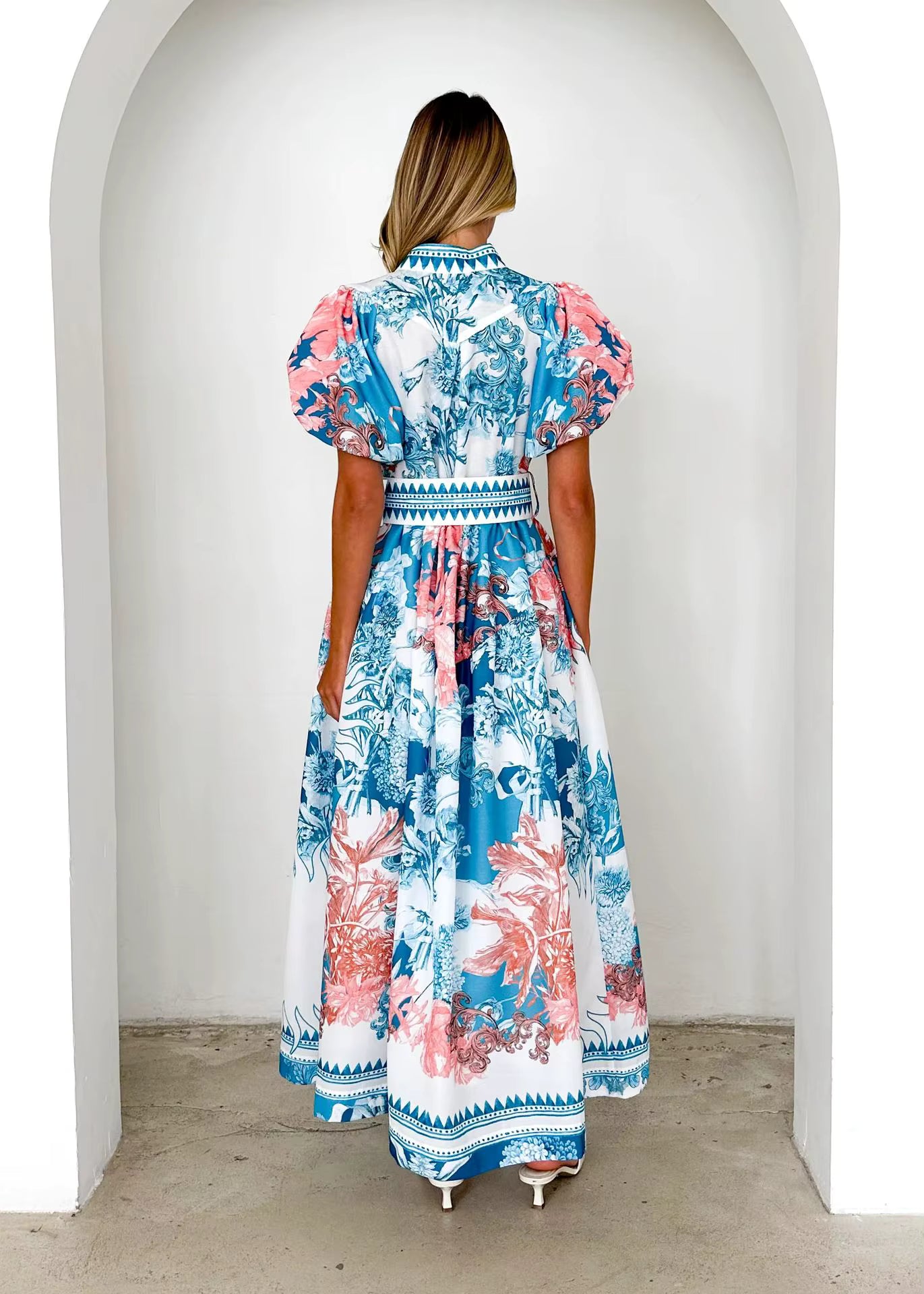 Casual Single Breasted Short Sleeve High Waist Printed Loose Maxi Dress