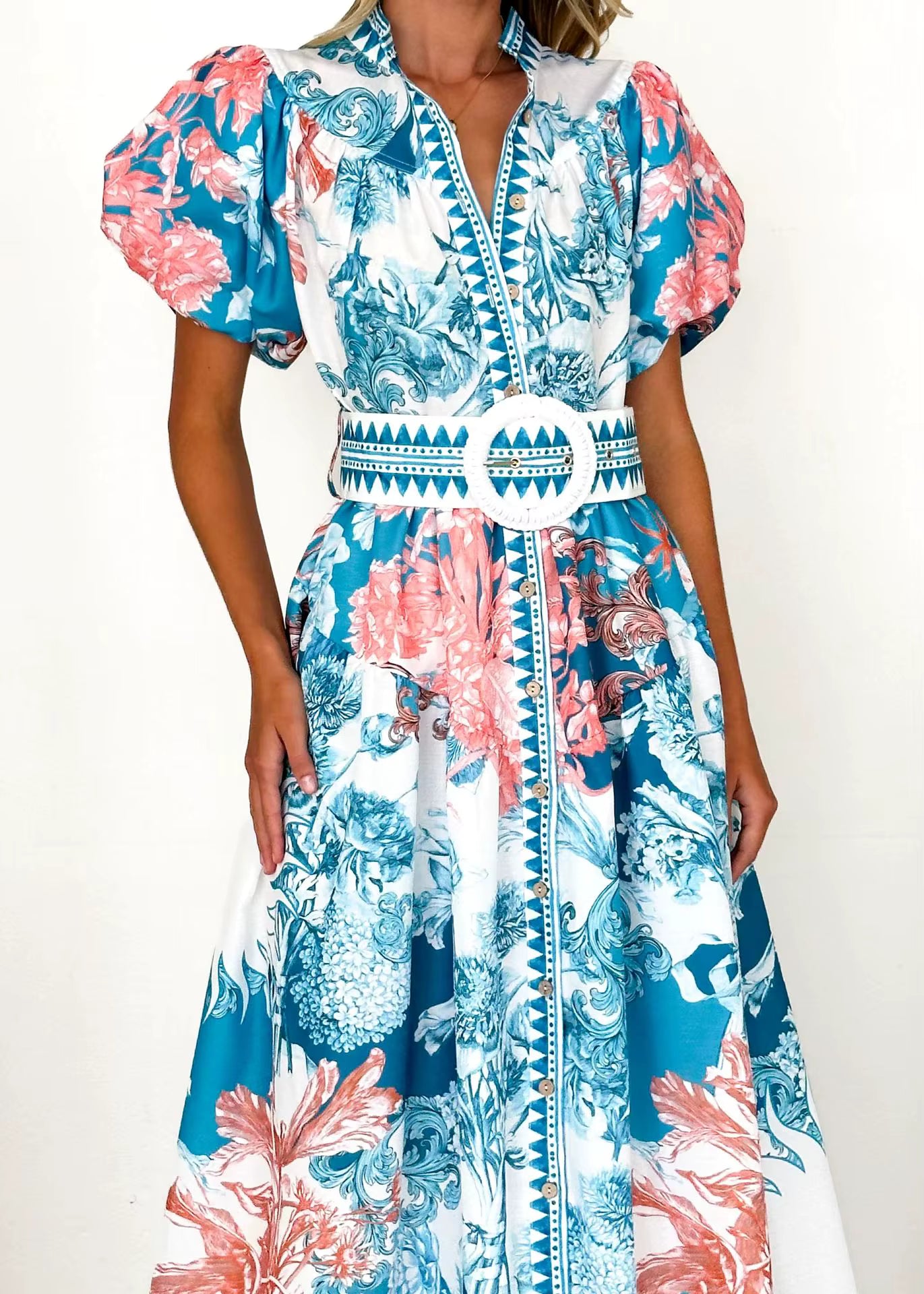 Casual Single Breasted Short Sleeve High Waist Printed Loose Maxi Dress