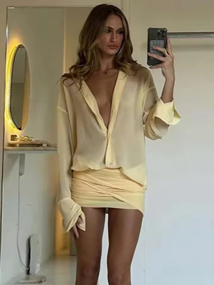 Casual Single Breasted Slight Stretch Pleated Slim Shirtdress