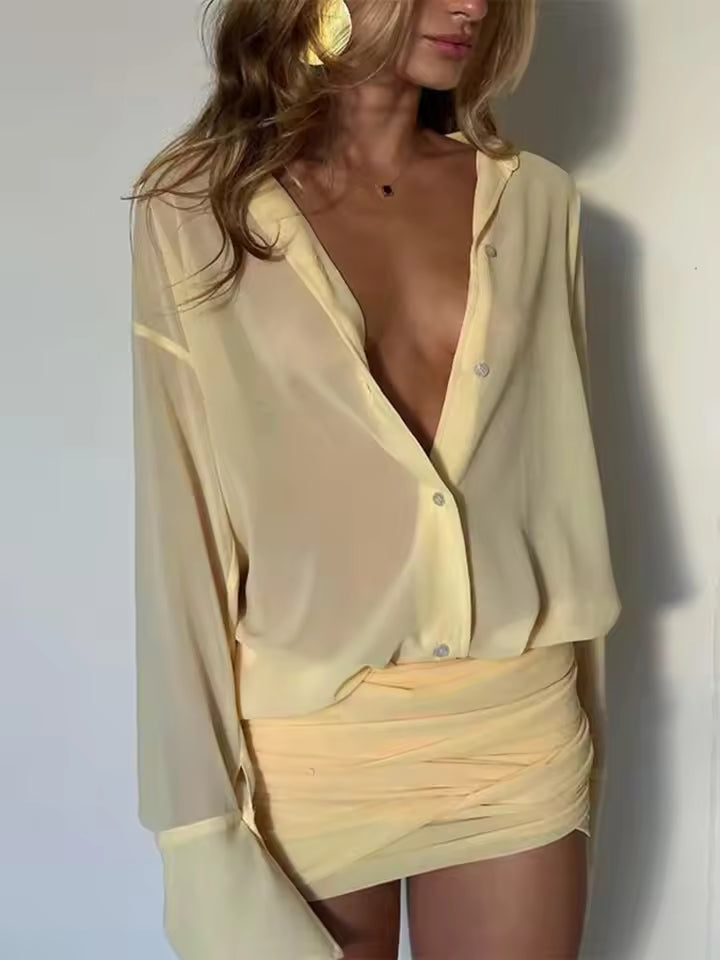 Casual Single Breasted Slight Stretch Pleated Slim Shirtdress