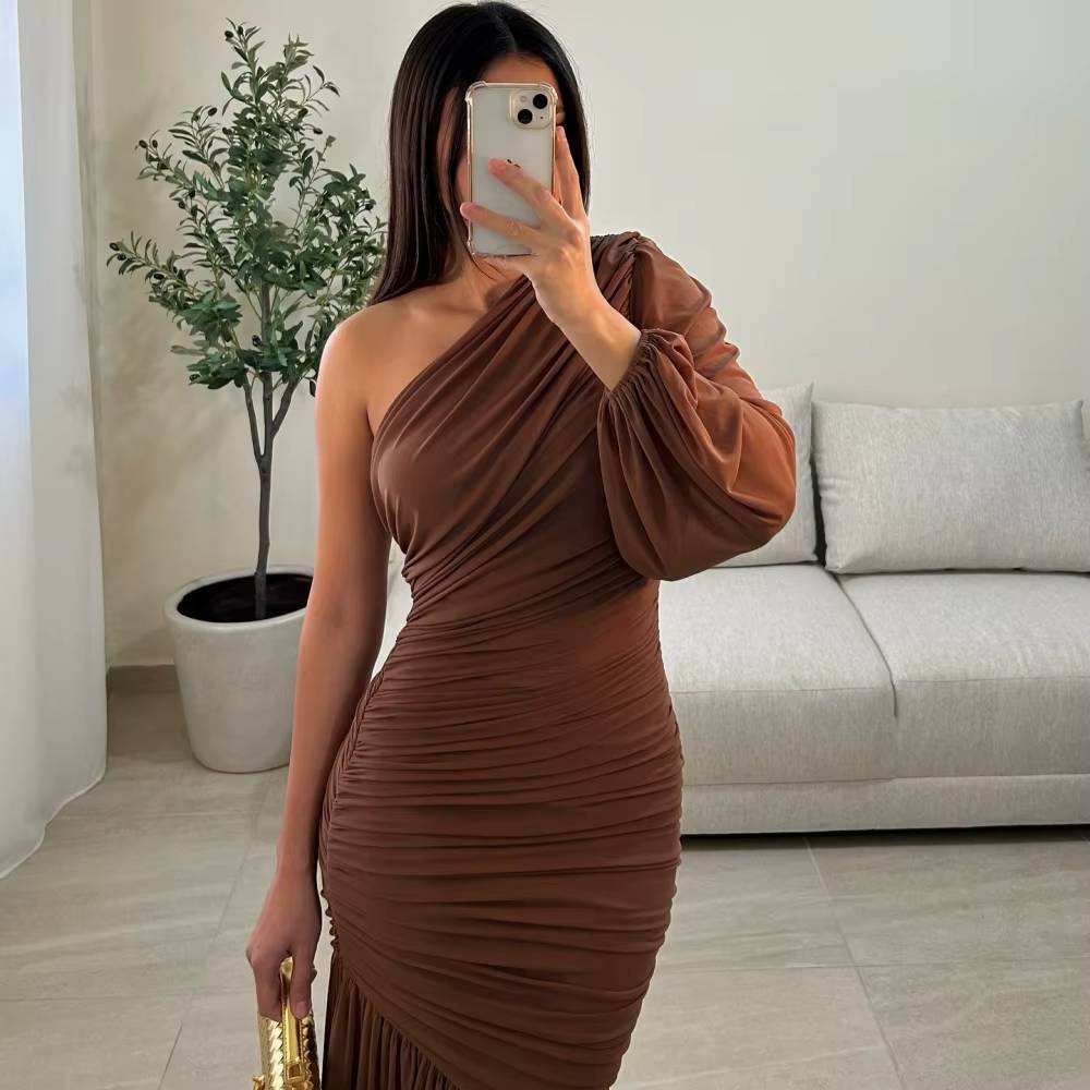 Casual Slanted Shoulders Long Sleeves Sheath Chiffon Party Maxi Dress