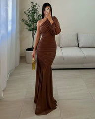 Casual Slanted Shoulders Long Sleeves Sheath Chiffon Party Maxi Dress
