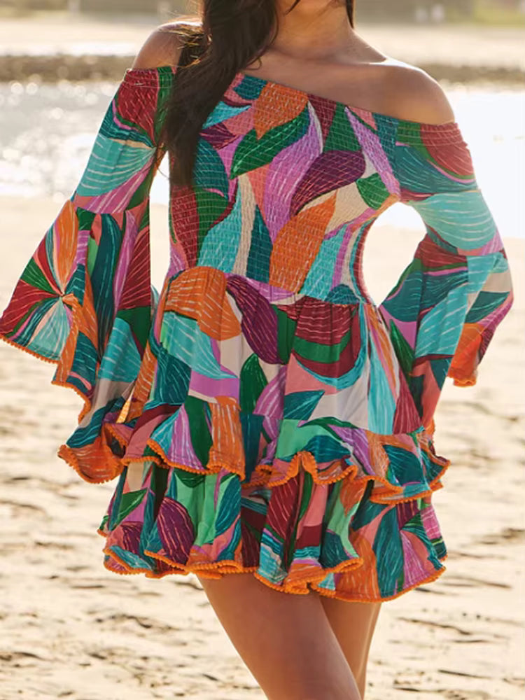 Casual Slash Neck Flare Sleeve Ruffles Patchwork Printed Mini Dress