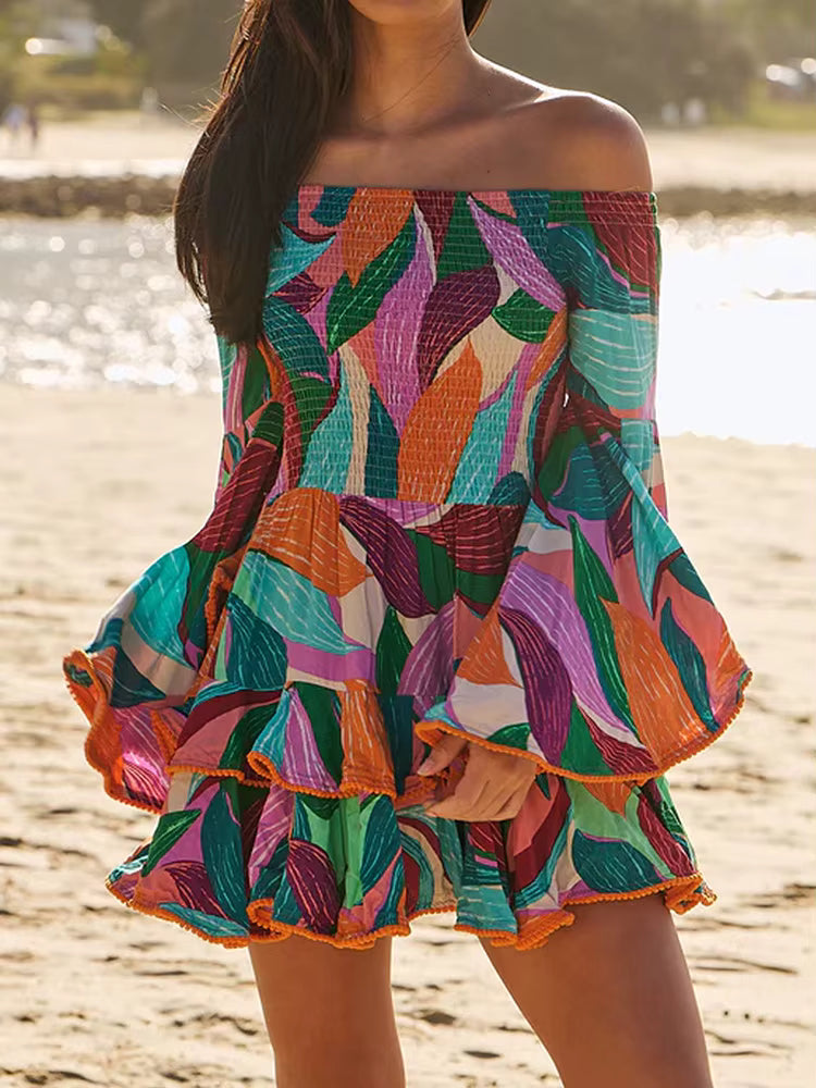 Casual Slash Neck Flare Sleeve Ruffles Patchwork Printed Mini Dress