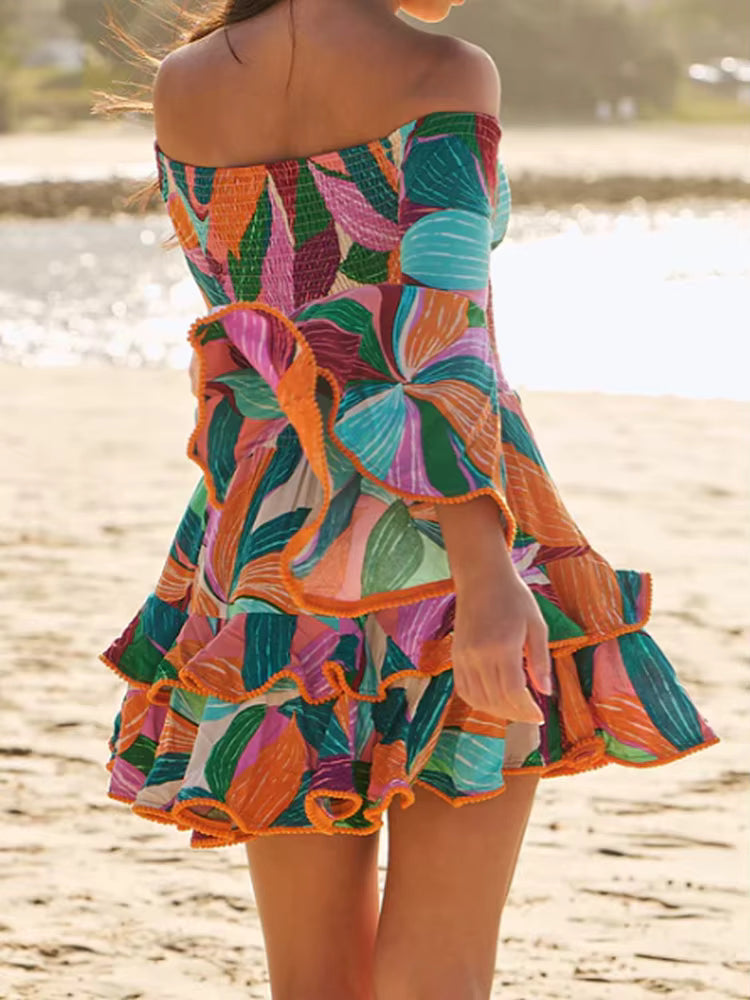 Casual Slash Neck Flare Sleeve Ruffles Patchwork Printed Mini Dress
