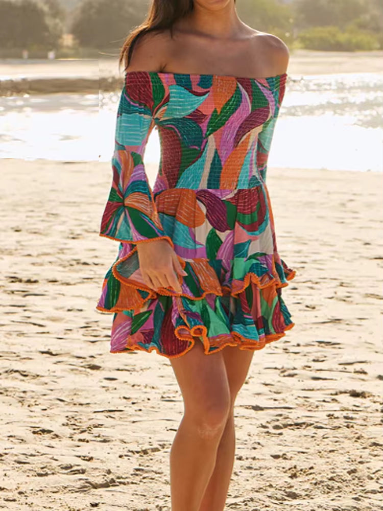 Casual Slash Neck Flare Sleeve Ruffles Patchwork Printed Mini Dress