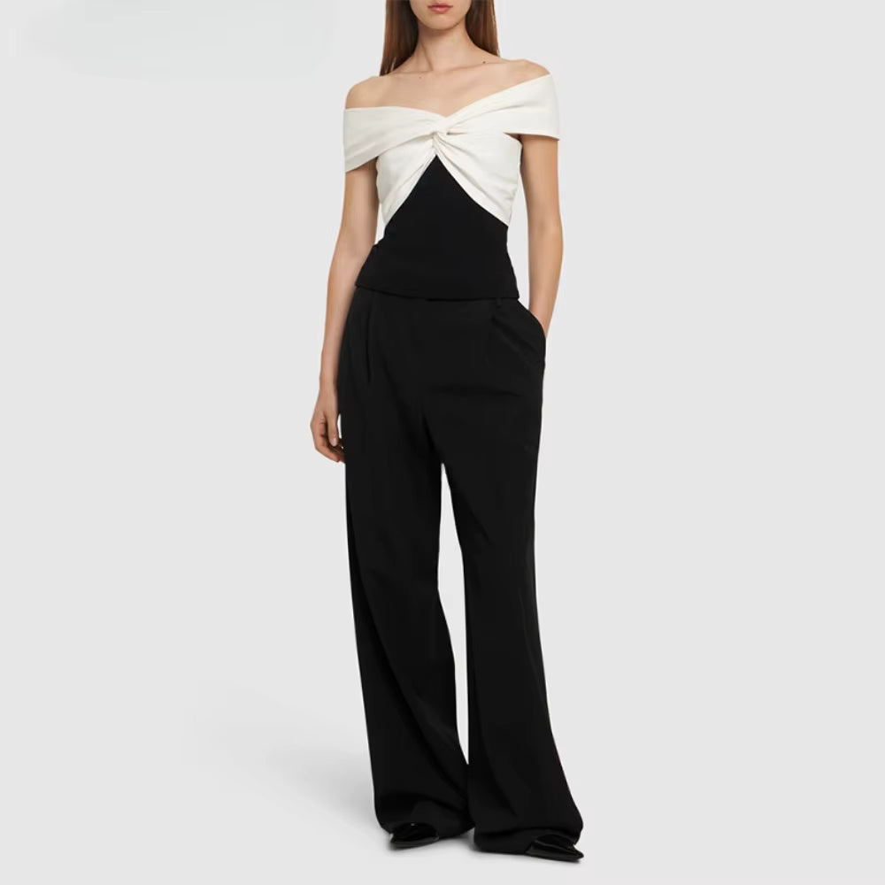 Casual Slash Neck Off Shoulder Spliced Fur Top High Waist Wide Leg Pants Two Piece Sets