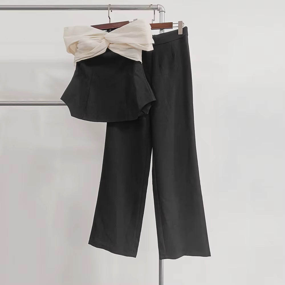 Casual Slash Neck Off Shoulder Spliced Fur Top High Waist Wide Leg Pants Two Piece Sets