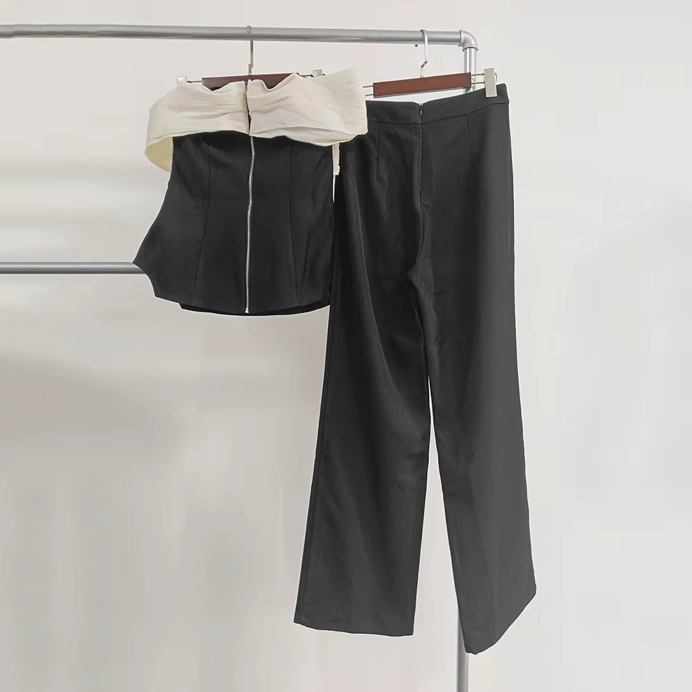 Casual Slash Neck Off Shoulder Spliced Fur Top High Waist Wide Leg Pants Two Piece Sets
