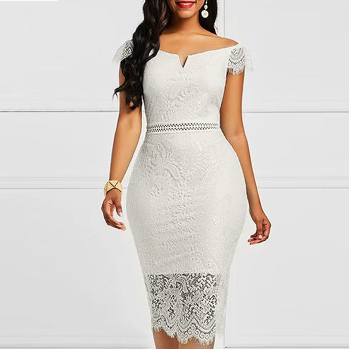 Casual Slash Neck Short Sleeved V-neck lace knee Length Dress