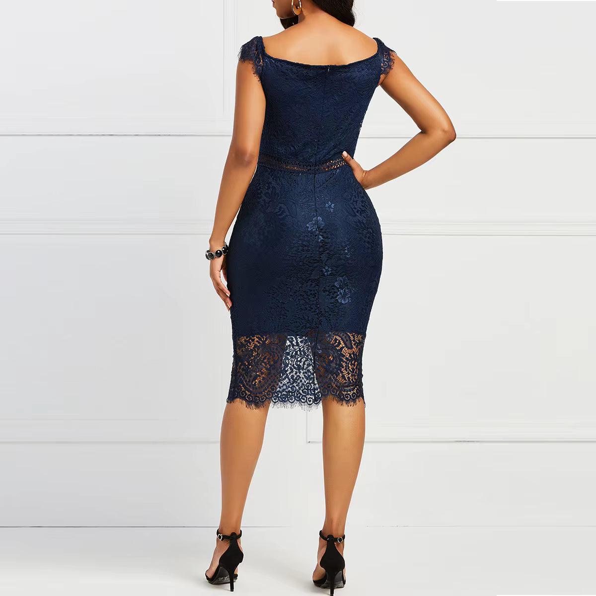Casual Slash Neck Short Sleeved V-neck lace knee Length Dress