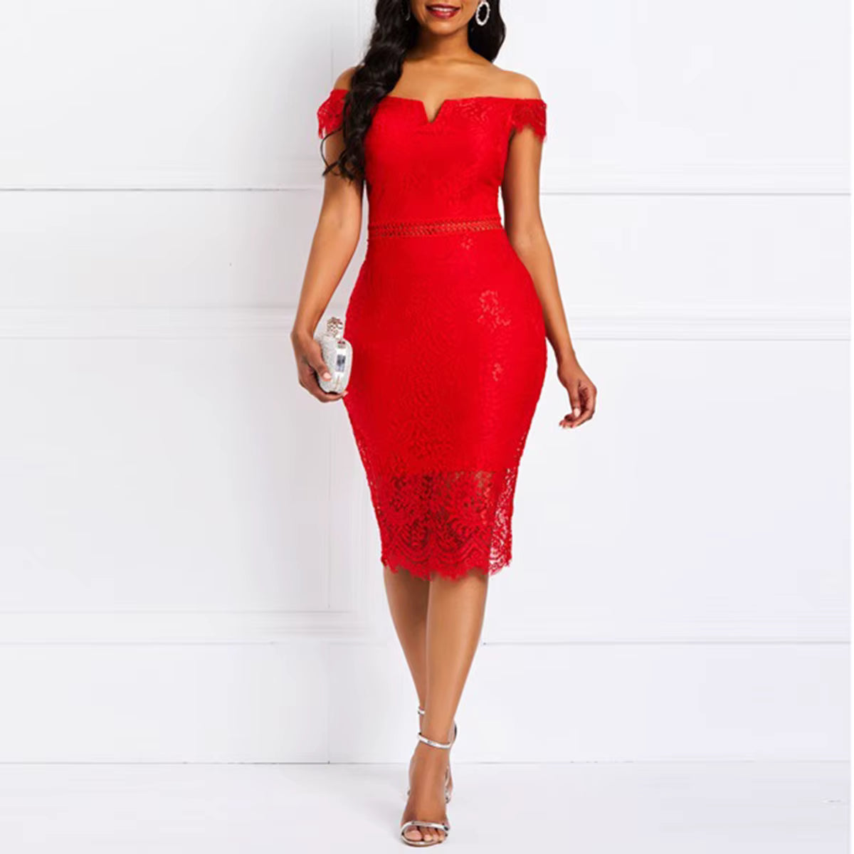 Casual Slash Neck Short Sleeved V-neck lace knee Length Dress
