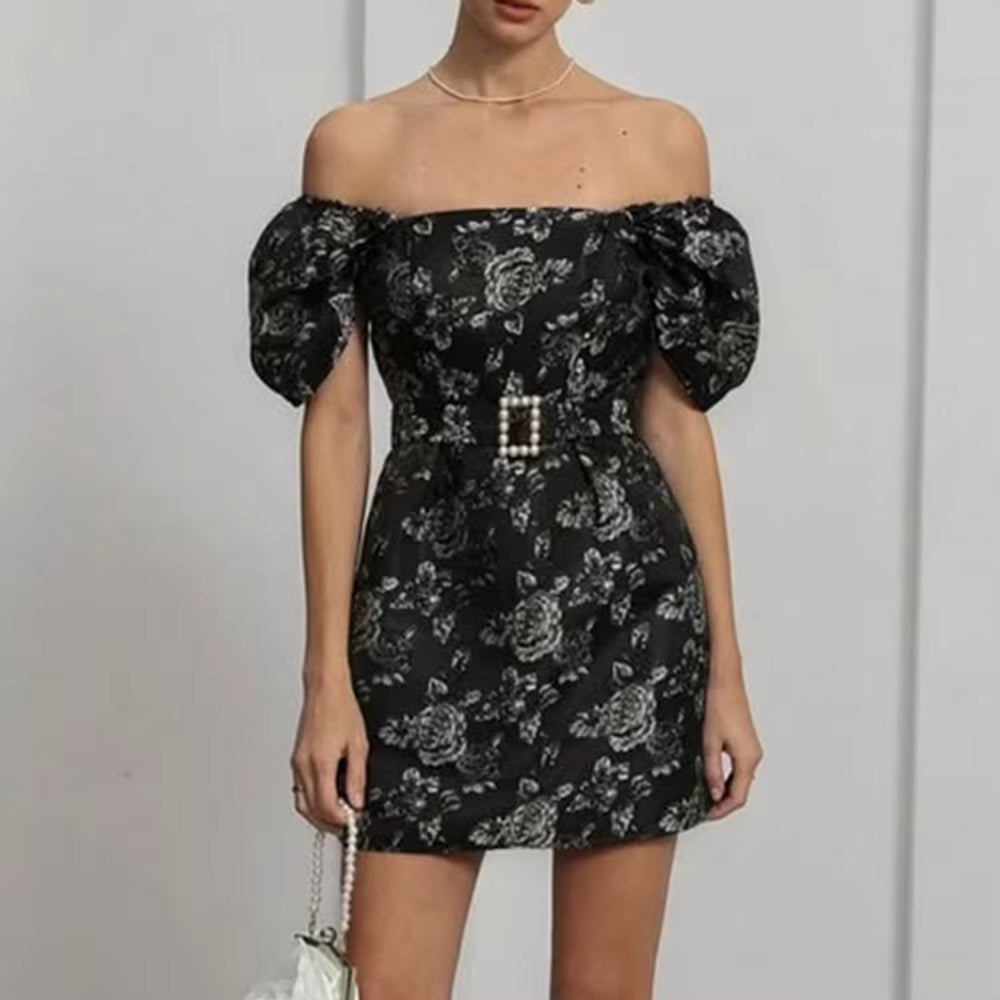 Casual Slash Neck Short Sleeves Patchwork Printing Mini Dresses