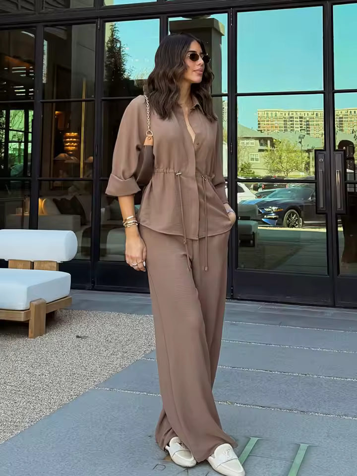Casual Sleeve Lapel Design Loose Top Solid Elastic Waist Trousers Two Piece Set