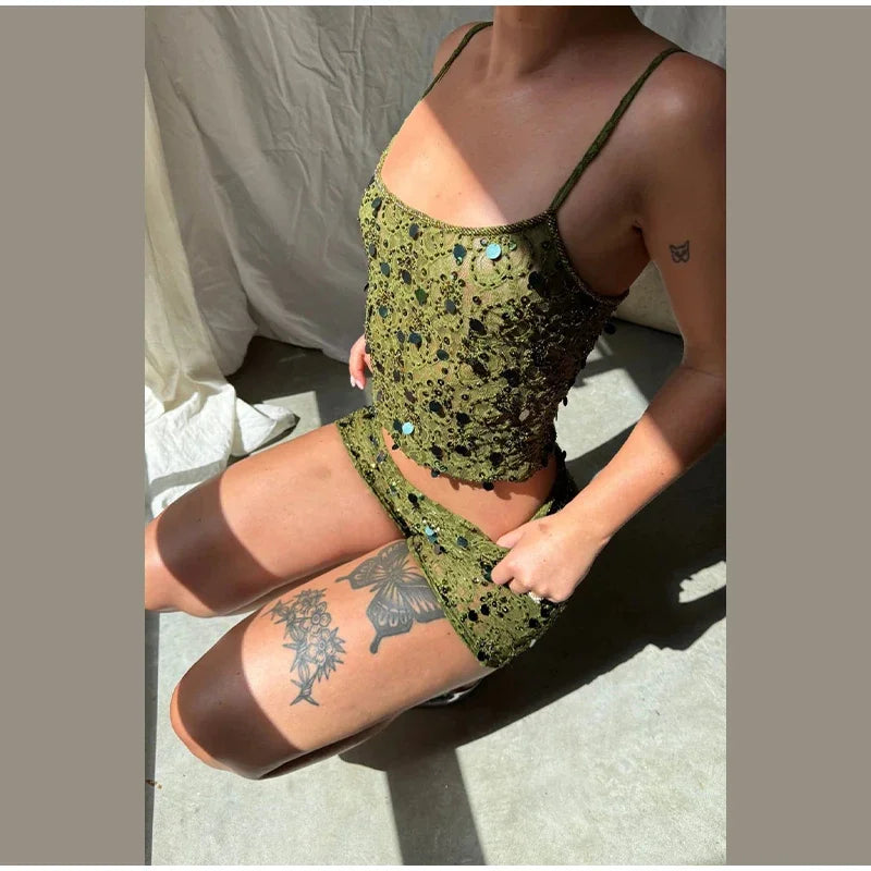 Casual Sleeveless Backless Sequins See Through Tank Top Shorts Two Piece Set