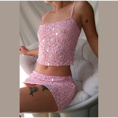 Casual Sleeveless Backless Sequins See Through Tank Top Shorts Two Piece Set